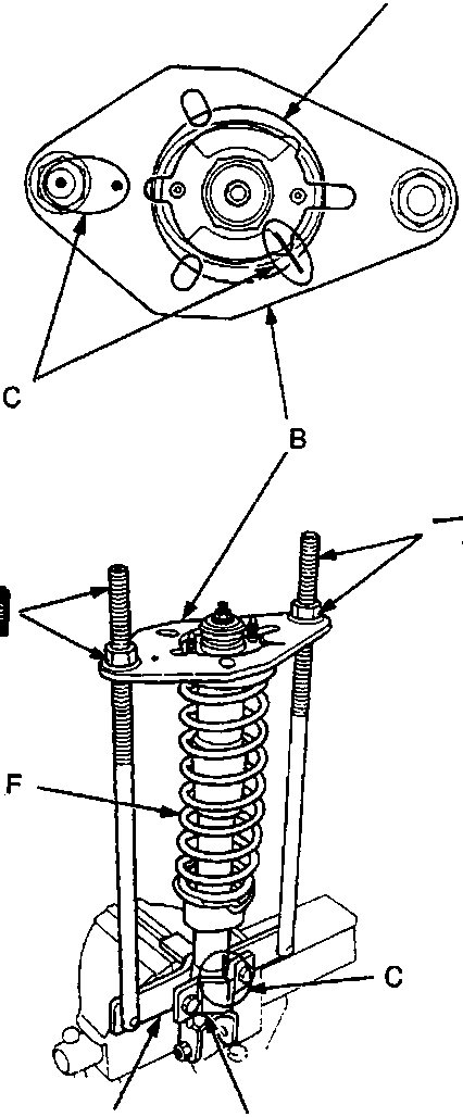 Diagram showing rear damper disassembly setup with labels A through F