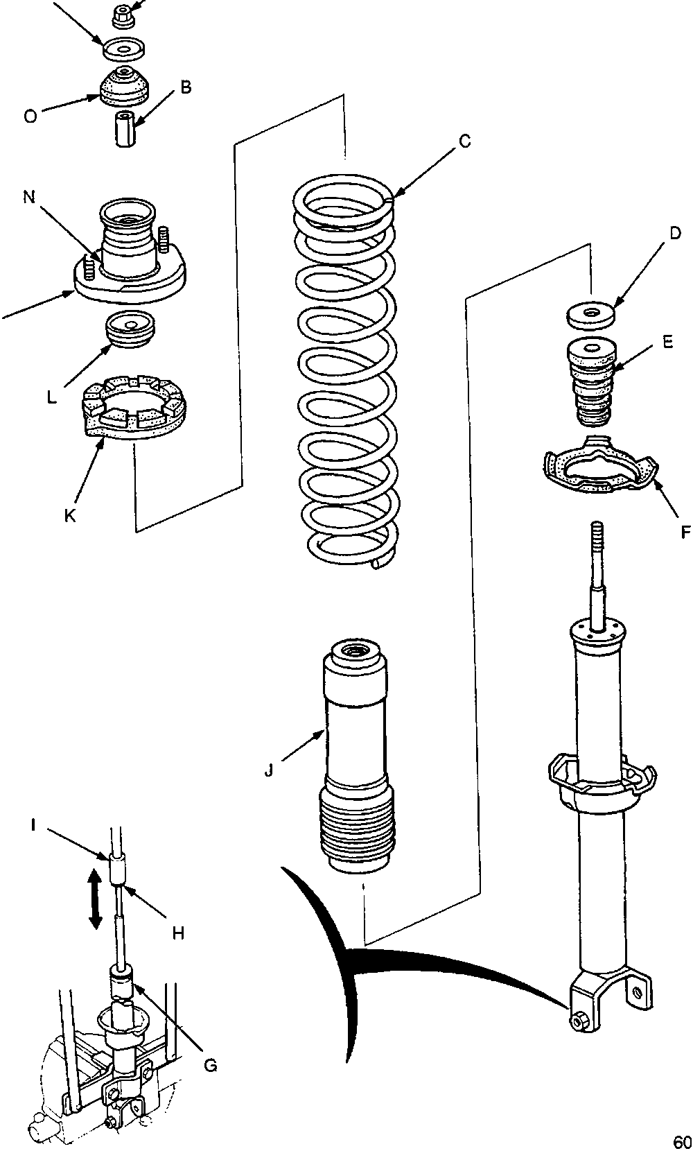 Exploded view diagram of a front suspension strut assembly showing components labeled A through P, including the spring, shock absorber, mounting plate, and various bushings and washers. A torque specification of (30 Nm) is indicated for component A. The figure reference number 60M 0121 appears in the bottom right corner.