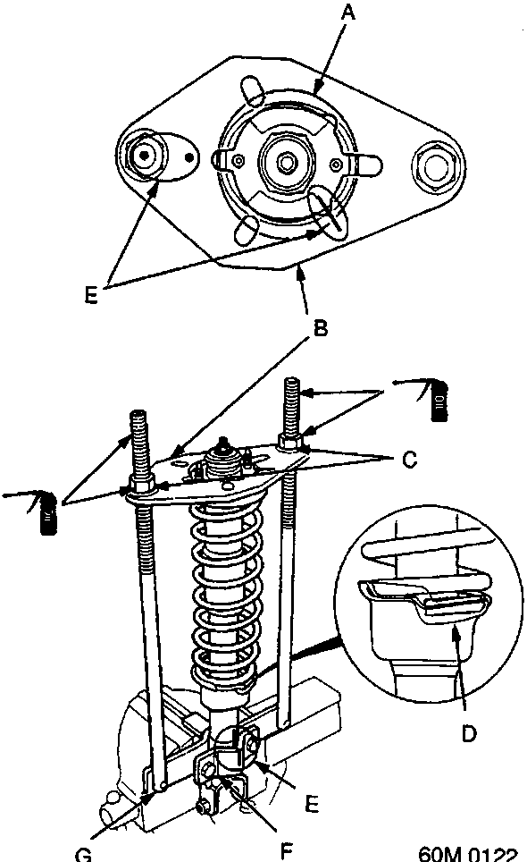 Diagram of rear damper reassembly showing components A through G including damper mounting base, suspension mount plate, compressor nuts, spring lower seat, paint marks, holder, and spring compressor.