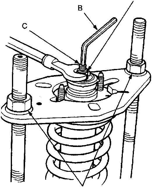 Diagram showing installation of self-locking nut (A) using hex wrench (B) on damper shaft (C) while holding compressor nuts (D). Torque value for A is 30 Nm.