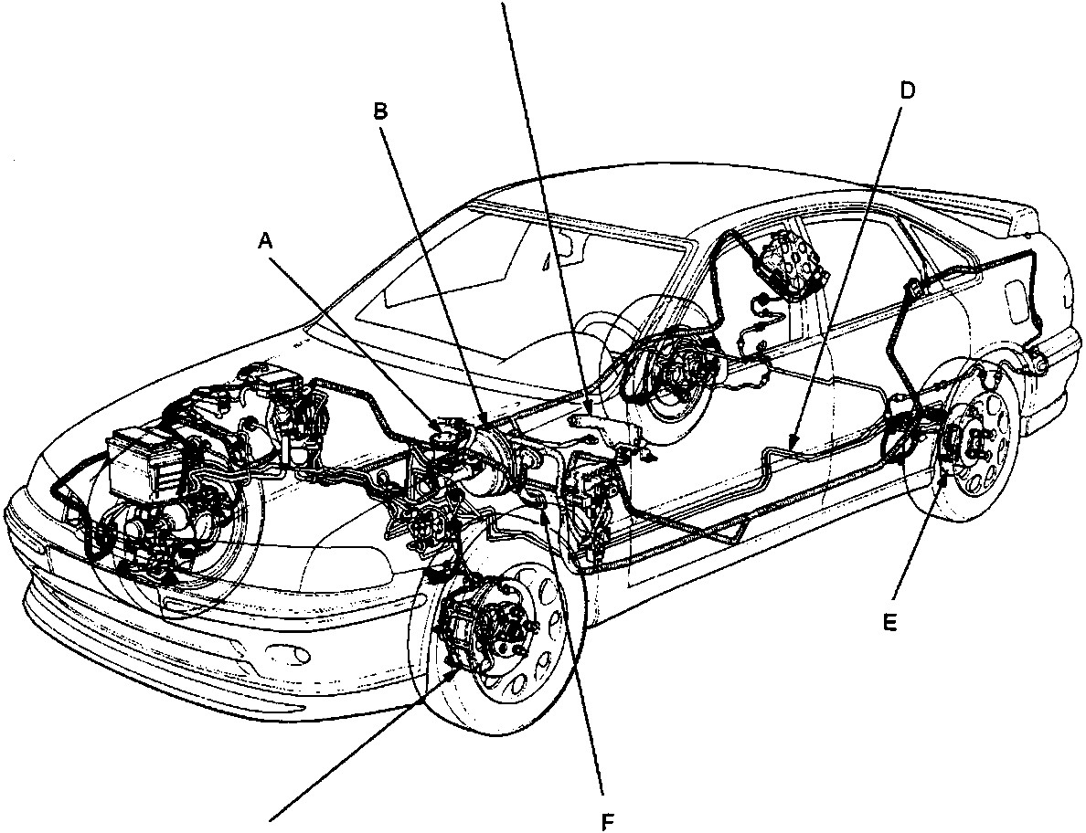 Diagram of vehicle brake system components with callout labels A through G