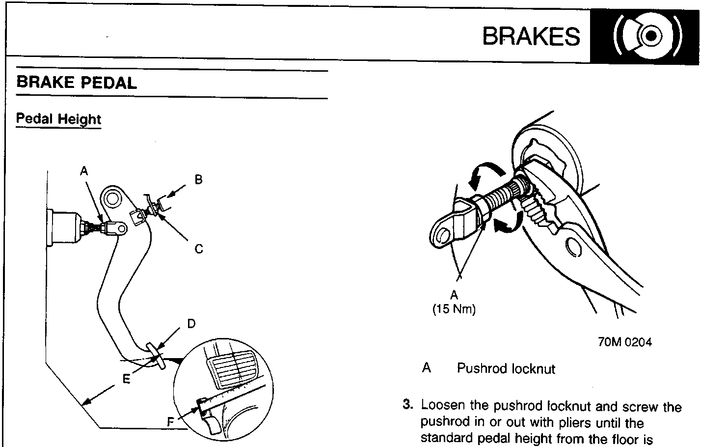 Diagram of brake pedal assembly showing pushrod locknut, brake switch, brake pedal pad, and measuring point. Second diagram shows pushrod locknut being turned with pliers.