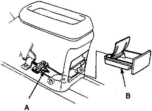 Diagram showing adjusting nut location under center console with ashtray removed, callouts A and B