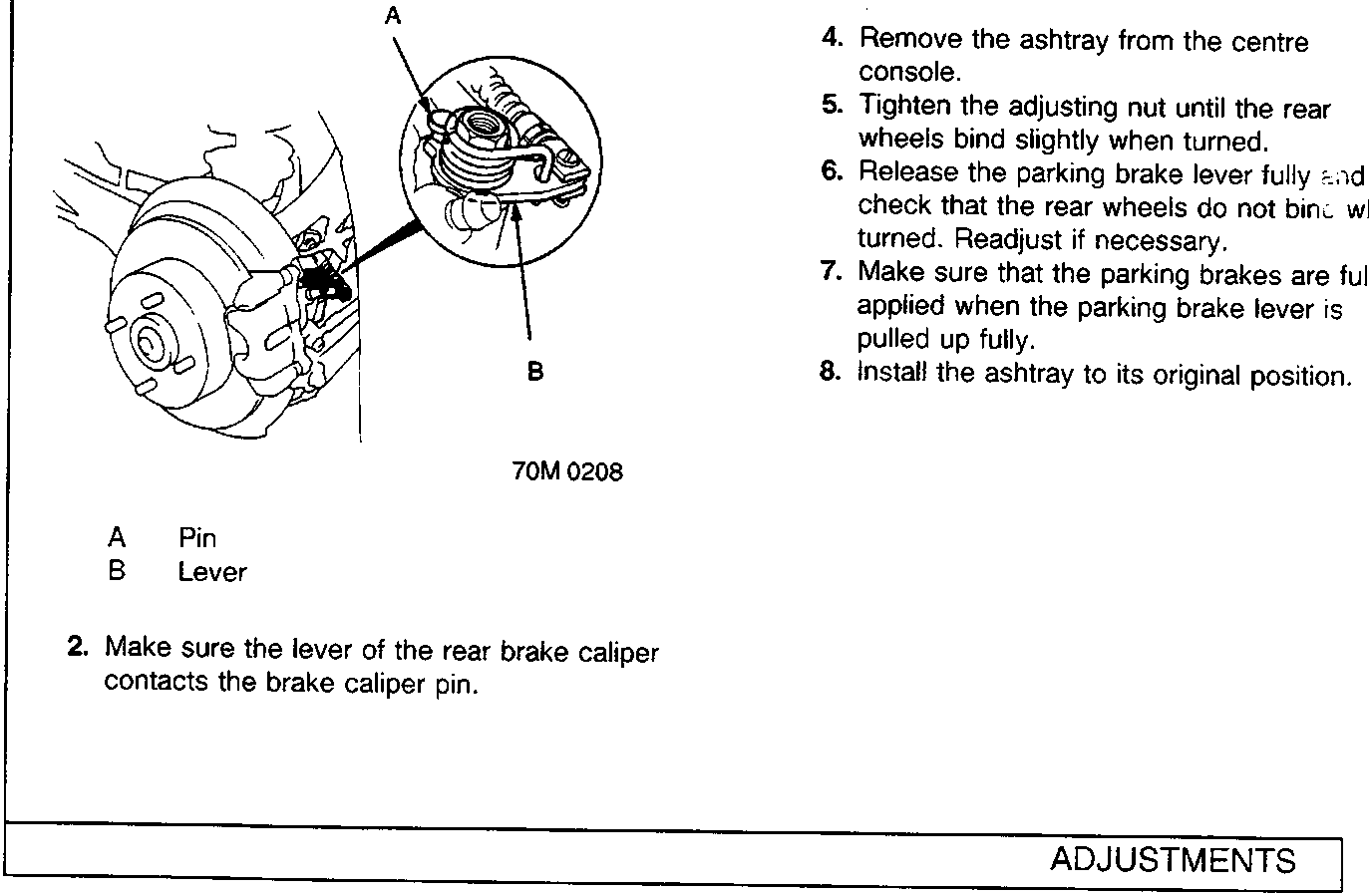 Diagram of rear brake caliper lever and pin assembly with callouts A and B