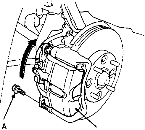 Diagram showing the caliper bolt and caliper body on the front brake assembly