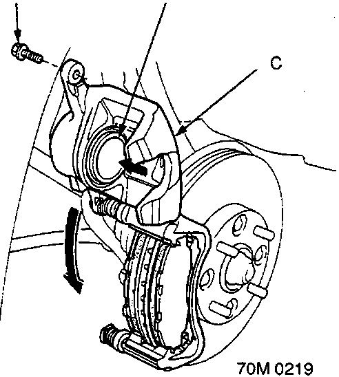 Diagram of caliper assembly showing bolt A, piston B, and caliper body C