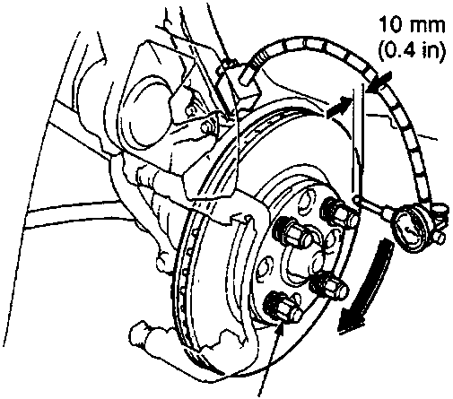 Diagram showing a dial indicator measuring the runout of a brake disc, positioned 10 mm (0.4 in) from the outer edge. The key 'A' points to the wheel nuts and plain washer holding the disc.