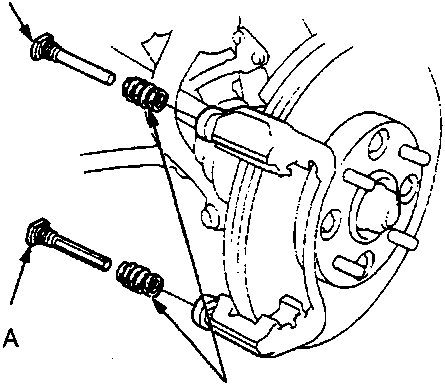 Diagram showing removal of caliper bolts, pins, and pin boots from caliper bracket