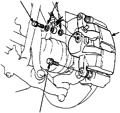 Diagram of front brake caliper assembly showing banjo bolt, sealing washer, caliper, and caliper bolt