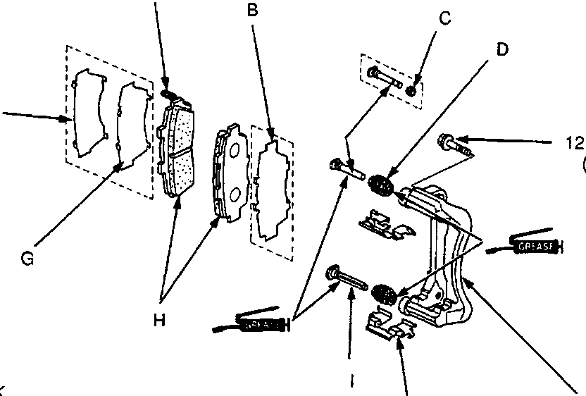 Exploded view of brake caliper assembly showing pads, shims, pins, bracket, and caliper with grease application points indicated.