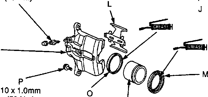 Close-up exploded view of the caliper piston, boot, seal, and retaining components with grease application points.