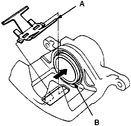 Diagram showing pad spring A and piston B installation on caliper