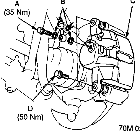 Diagram of caliper bracket assembly showing pins A, B, C, D with torque values (35 Nm) and (50 Nm).