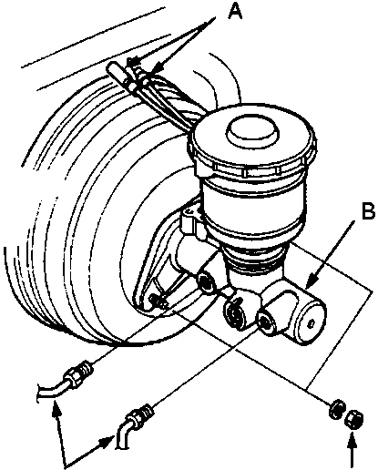 Diagram of master cylinder showing wires A, master cylinder B, mounting nuts C, and brake pipes D.