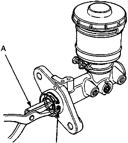 Diagram of a brake master cylinder showing the removal of the circlip from the secondary piston bore (70M 0234).