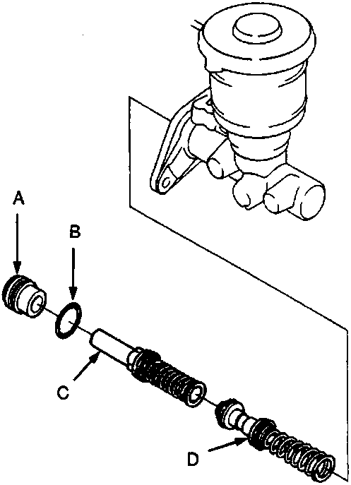Exploded view of master cylinder piston assembly showing components A, B, C, and D