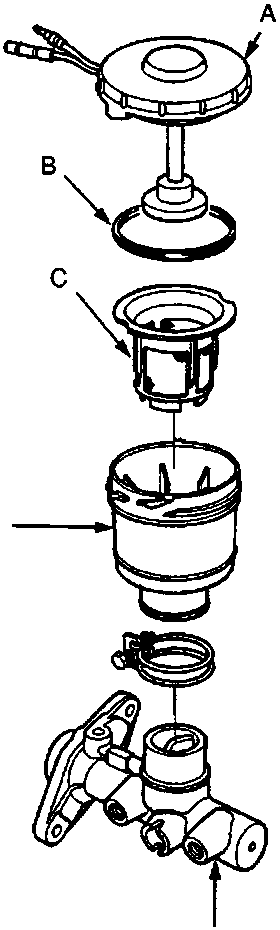 Exploded view of master cylinder reservoir assembly showing components A, B, C, D, and E