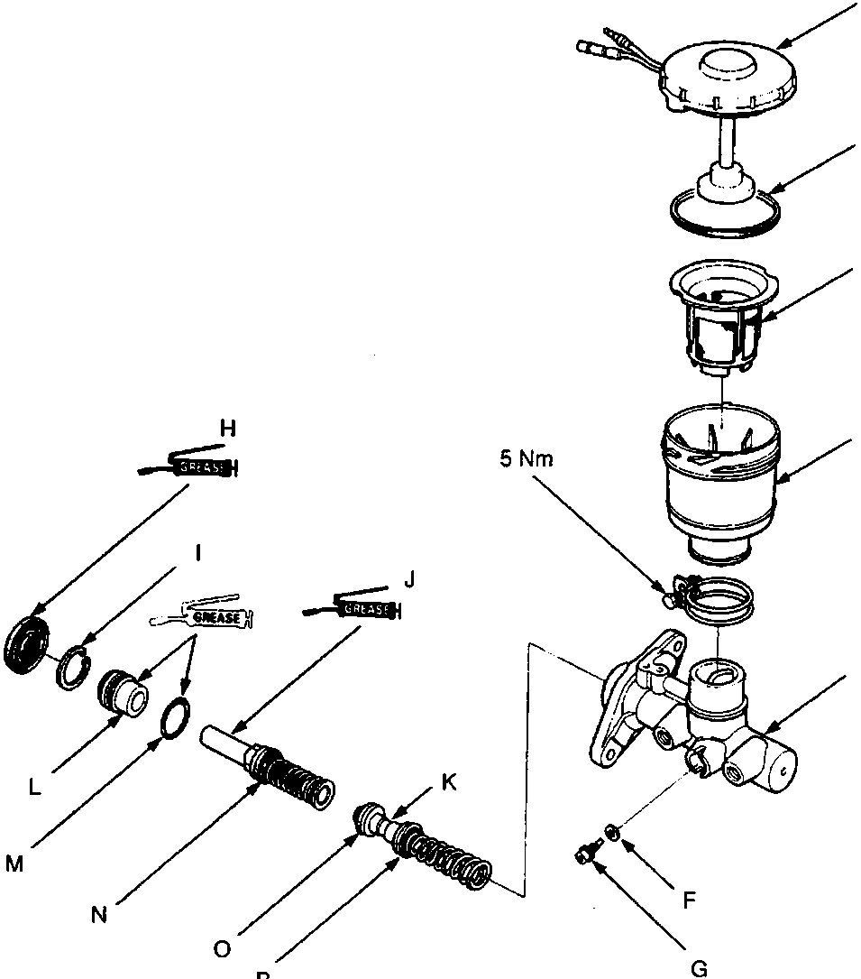 Exploded view diagram of a master cylinder assembly showing components labeled A through P, including reservoir, pistons, seals, and bolts. Torque values 5 Nm and (9 Nm) are indicated on specific fasteners. Grease icons are shown near several sealing components. The figure number 70M 0238 is printed at the bottom right.