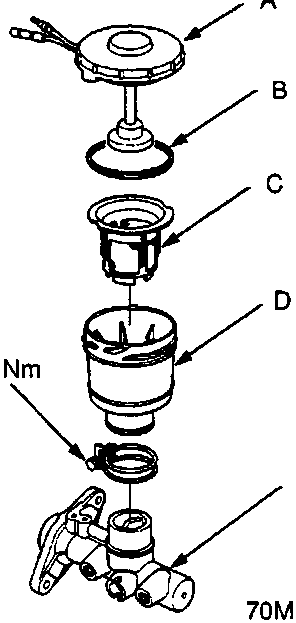 Exploded view of reservoir cap, seal, strainer, reservoir and master cylinder assembly