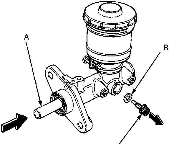 Diagram showing the secondary piston, sealing washer, and stop bolt being installed into the master cylinder, with an arrow indicating insertion direction.