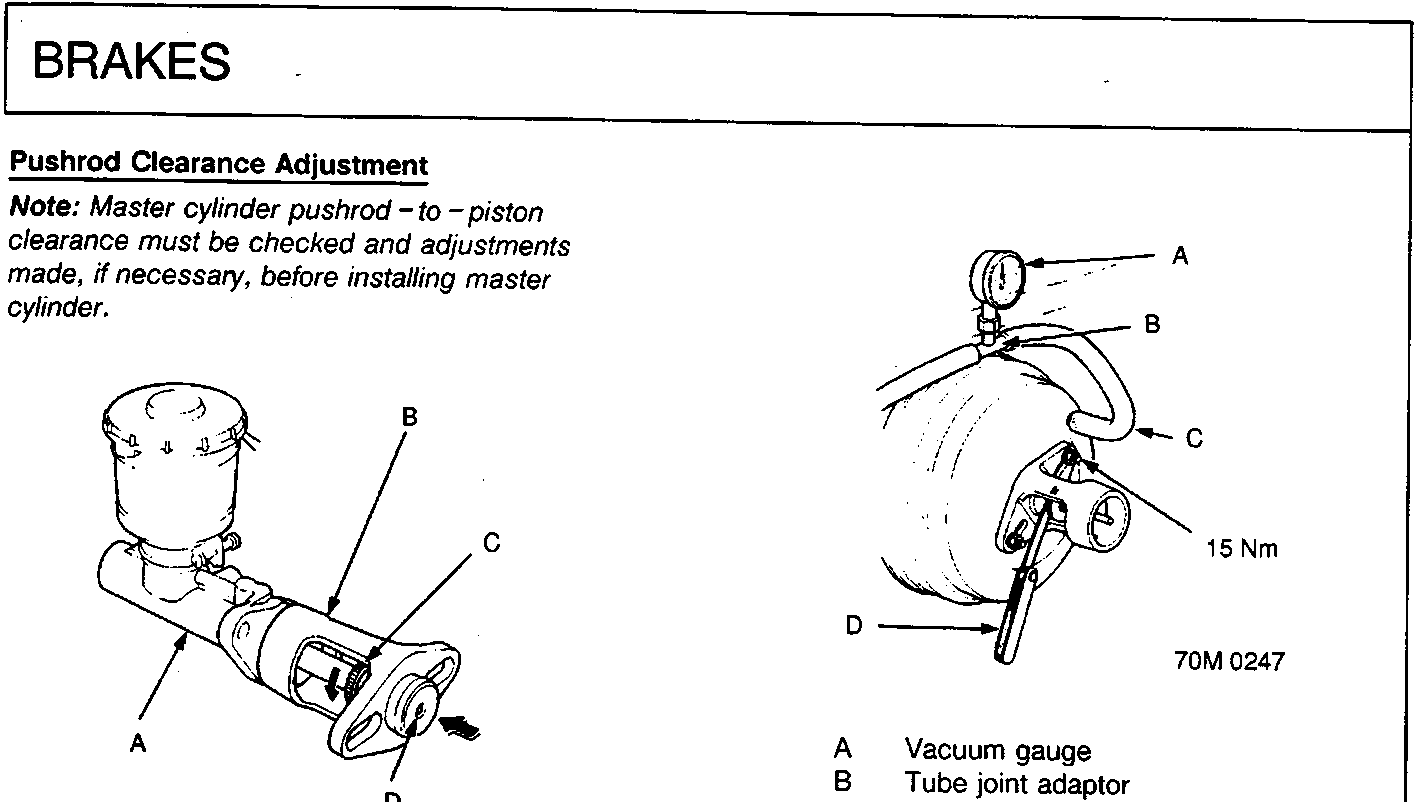 Diagram of master cylinder with labels A, B, C, D (70M 0246) and diagram of booster connection with vacuum gauge, tube joint adaptor, vacuum joint tube A, and feeler gauge (70M 0247).