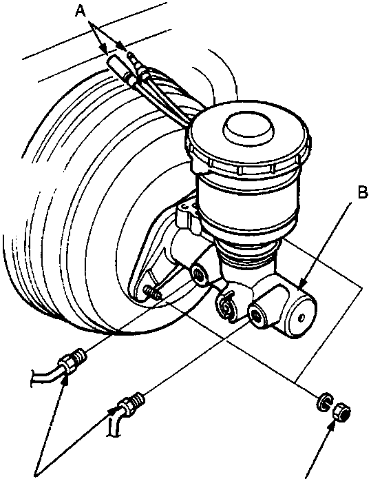 Diagram of master cylinder and brake pipe connections with callouts A (Wires) and B (Master cylinder), and torque values 19 Nm and 15 Nm.