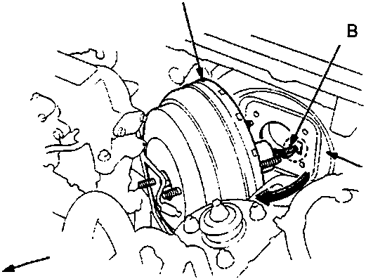 Diagram of brake booster installed in engine compartment near bulkhead showing connections for vacuum hose and throttle cable.