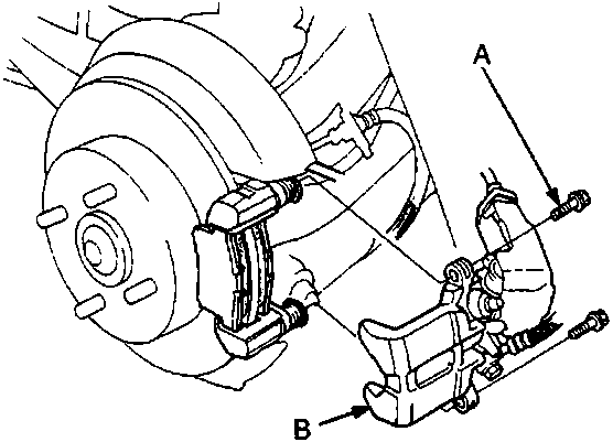 Rear brake caliper assembly showing mounting bolts and caliper