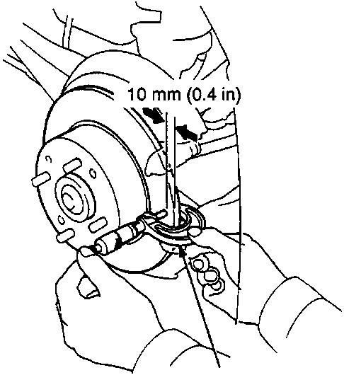 Diagram showing a micrometer measuring the thickness of a brake disc near the outer edge.