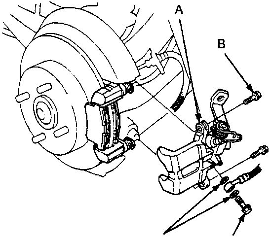 Diagram showing the caliper bracket (A), caliper mounting bolts (B), banjo bolt (C), and sealing washers (D)