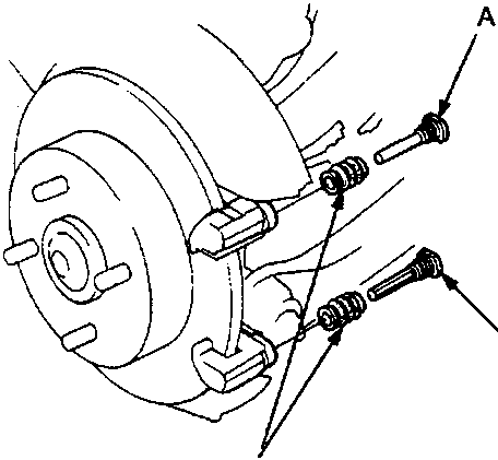 Diagram showing Pin B (A), Pin A (B), and Pin boots (C) on the caliper bracket