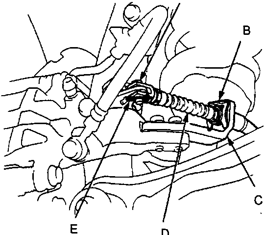 Diagram showing the clevis pin (A), cable clip (B), arm (C), parking brake cable (D), and lock pin (E)