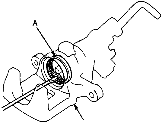 Diagram showing the removal of a piston seal and caliper body, labeled A and B