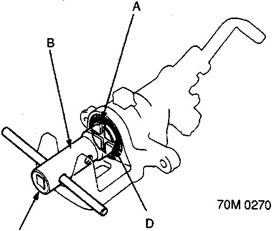 Diagram showing the removal of a piston using a locknut wrench, extension bar, and piston boot, labeled A, B, C, D