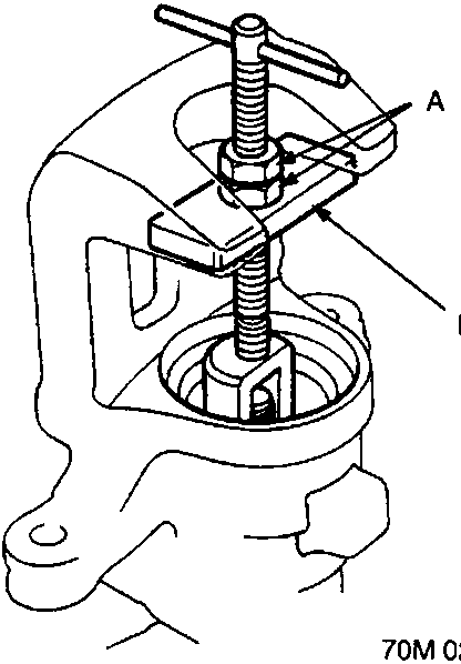 Diagram showing a special tool with labels A (Locknuts) and B (Plate) positioned on a brake caliper.