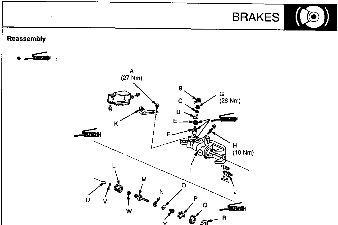 Exploded view diagram of brake caliper assembly showing components labeled A through AE with torque values (27 Nm, 28 Nm, 10 Nm) and grease application points.