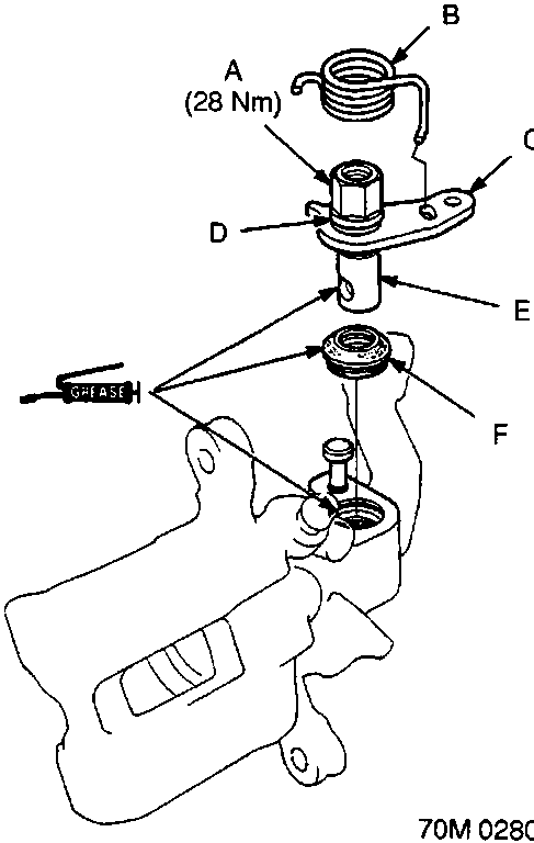 Exploded diagram of caliper components showing parking nut, return spring, lever, spring washer, cam, and cam boot assembly