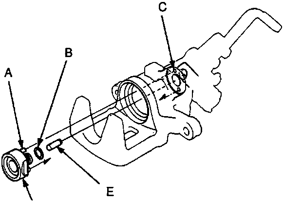 Diagram of caliper assembly showing pins, O-ring, holes, sleeve piston, and pin labeled A through E