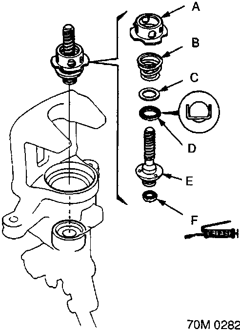 Exploded diagram of caliper components showing spring cover, adjusting spring, spacer, bearing, adjusting bolt, and cup labeled A through F