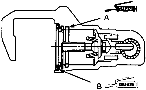Cross-section diagram of a caliper piston assembly showing grease applied to the piston seal (A) and piston boot (B).