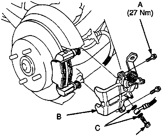 Diagram of caliper assembly showing caliper mounting bolts, caliper, sealing washers, and banjo bolt with torque values.