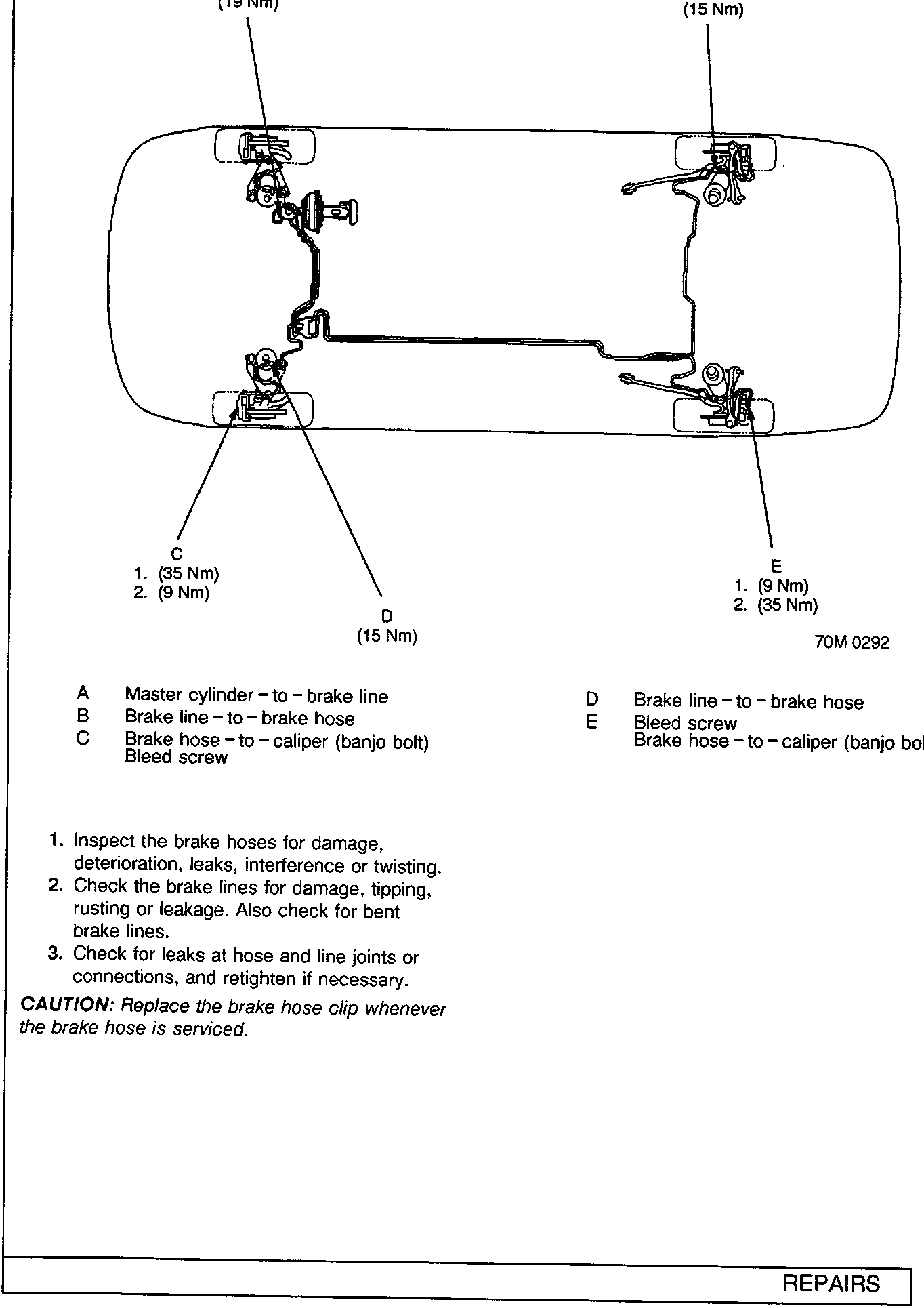 Diagram of the vehicle undercarriage showing brake hose and pipe routing with callout labels A, B, C, D, E and associated torque values.