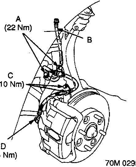 Diagram showing torque values for brake hose mounting bolt (A, 22 Nm), brake hose mounting bolt (C, 10 Nm), and banjo bolt (D, 35 Nm); labels B indicates brake hose