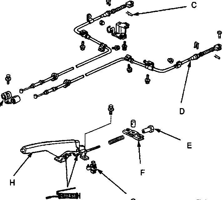 Diagram of parking brake cable assembly showing labeled components A through I
