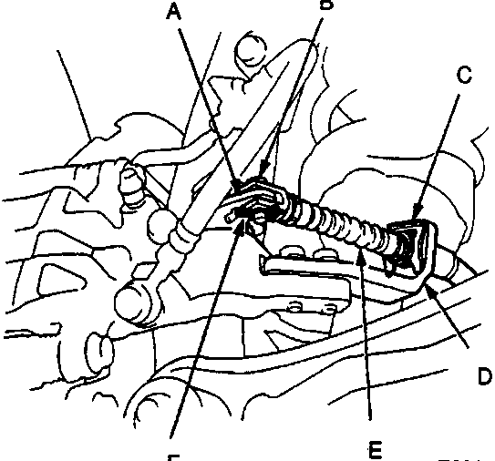 Diagram of the parking brake cable connection showing the lever, clevis pin, clip, arm, parking brake cable, and lock pin labeled A through F.
