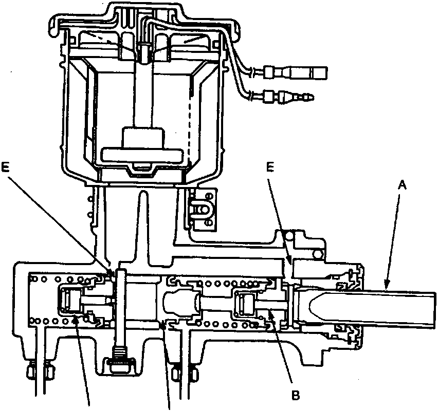 Cross-section diagram of a tandem master cylinder showing internal pistons, valves, ports, and reservoir
