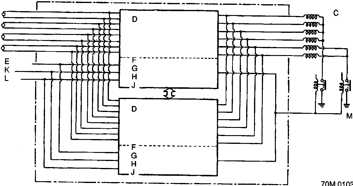 Schematic diagram of the ABS control unit showing connections between the main function, sub-function, wheel sensors, solenoid valves, pump motor, and switches.