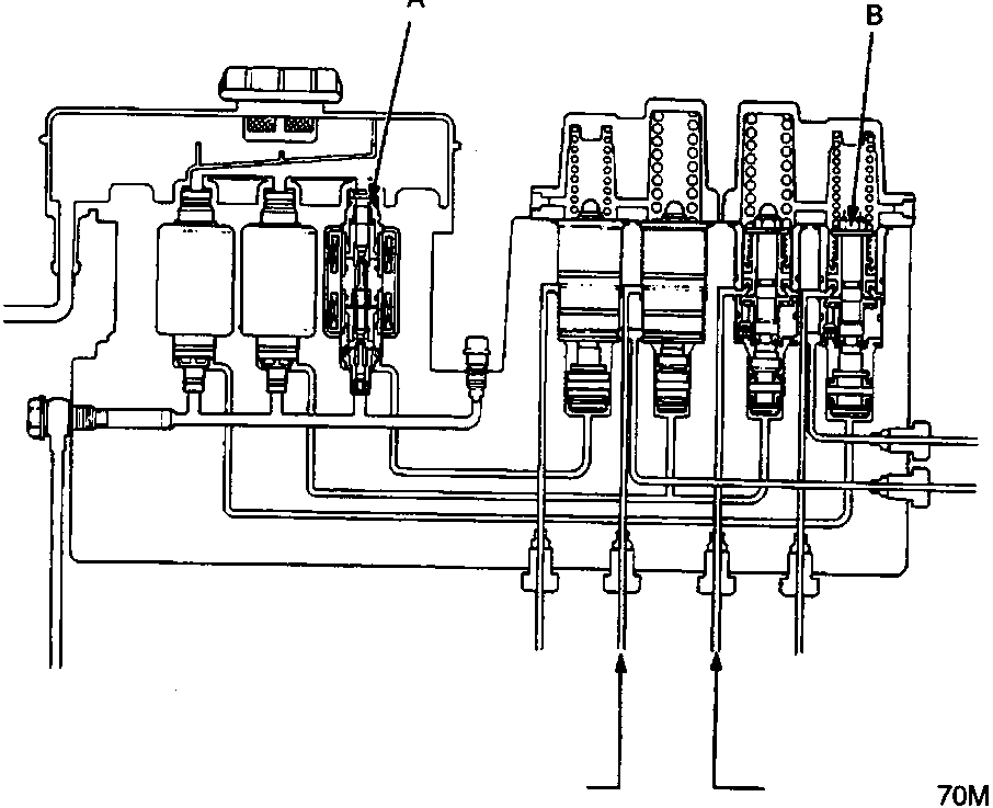 Diagram of the modulator unit showing internal solenoid valves and pistons with callout labels A and B.