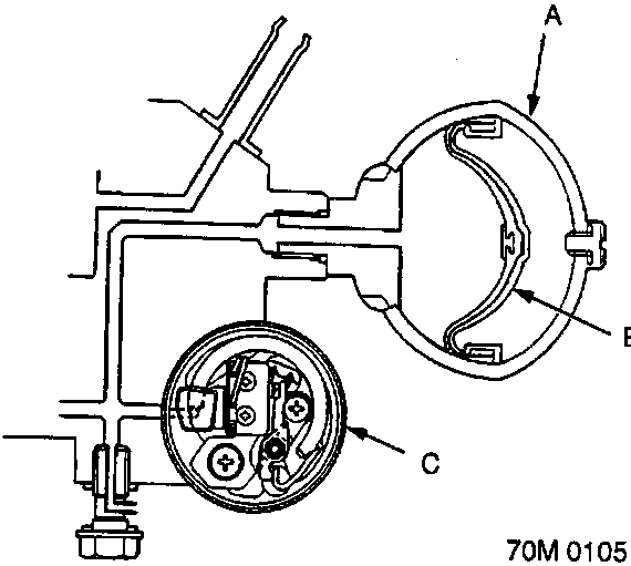 Diagram of the accumulator assembly showing the accumulator, bladder, and pressure switch with callouts A, B, and C.