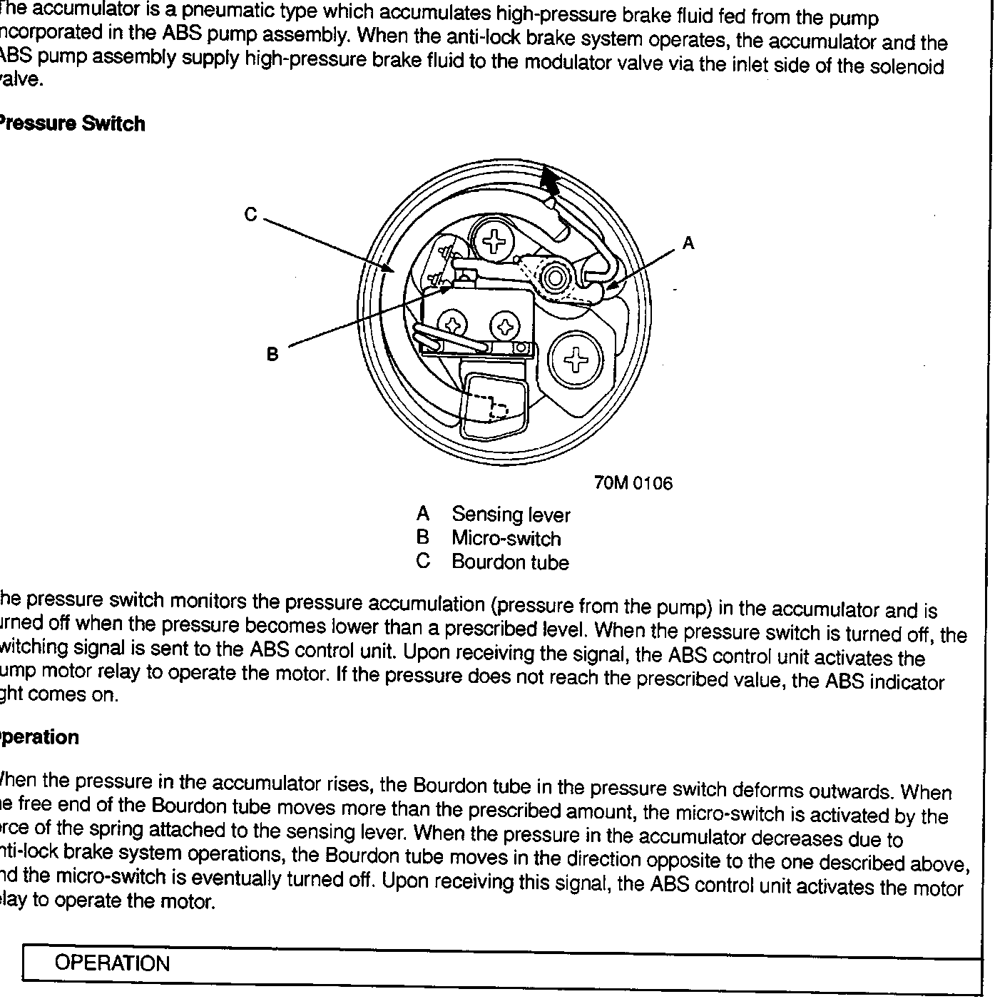 Diagram of the pressure switch internal components showing the sensing lever, micro-switch, and Bourdon tube with callouts A, B, and C.